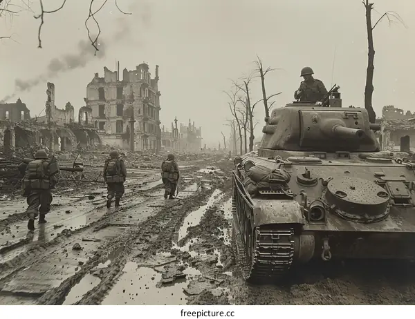 American soldiers advance past a destroyed building during the Battle of Aachen