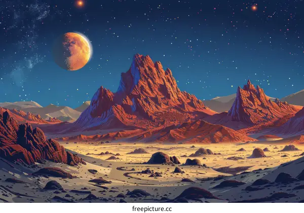 Red rocks and mountains on a distant planet
