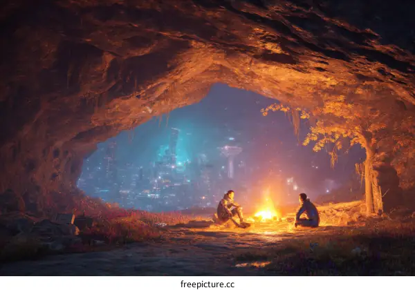 Two People Campfire Cave Cityscape