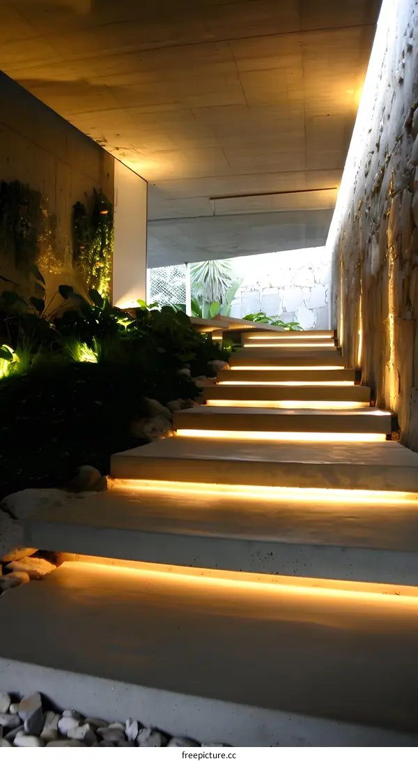 Modern Concrete Staircase With Warm Light