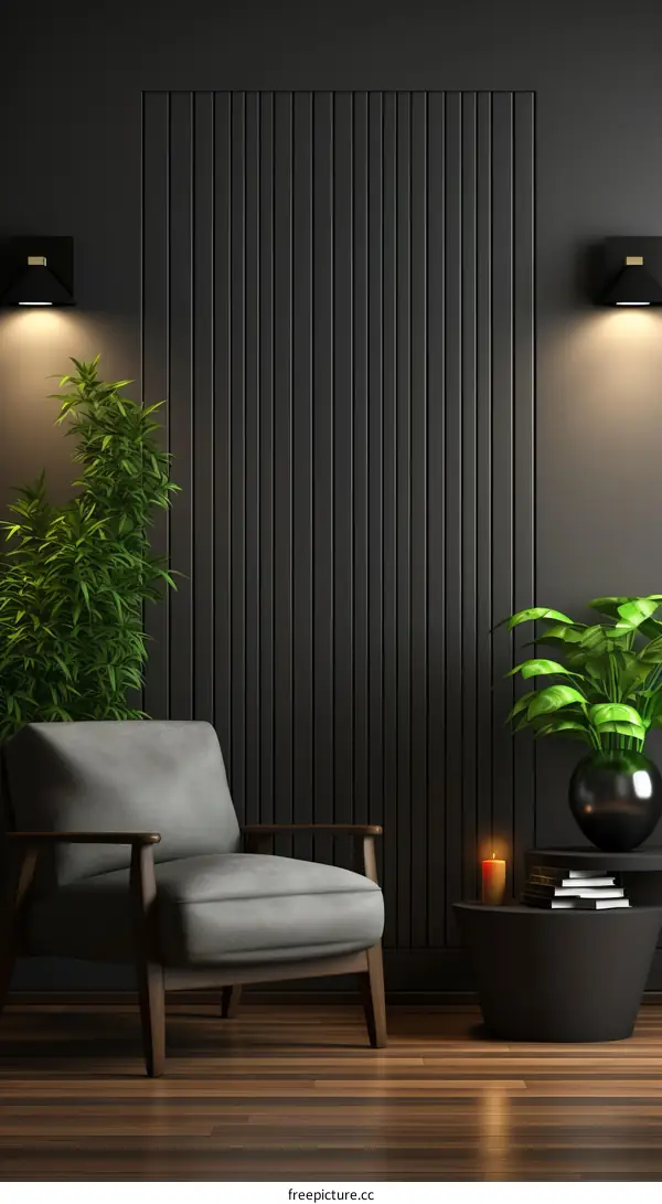 Black wall with wood plank pattern and gray armchair