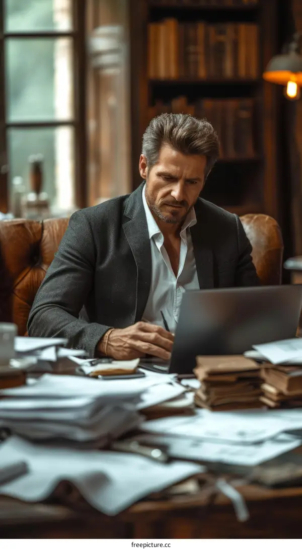 A man in a suit is sitting in a leather chair in a library, looking at a laptop.
