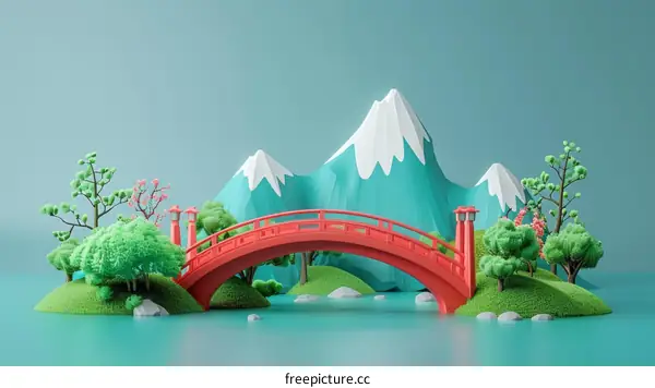 Red bridge over a river in a green landscape with mountains in the background
