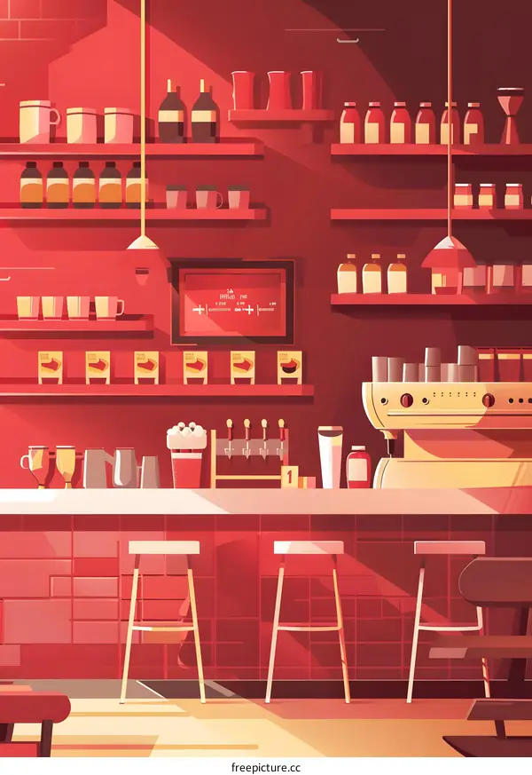 Red Cafe Interior Illustration With Countertop And Stools