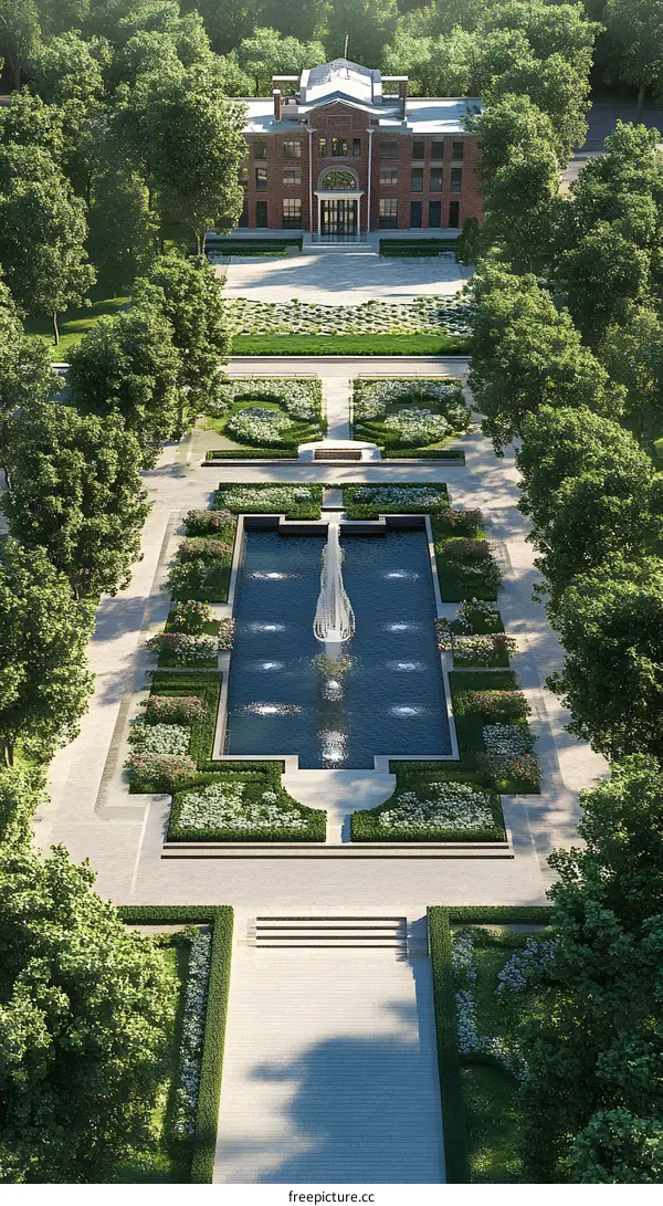 Aerial View of a Classic Mansion with a Fountain in the Garden