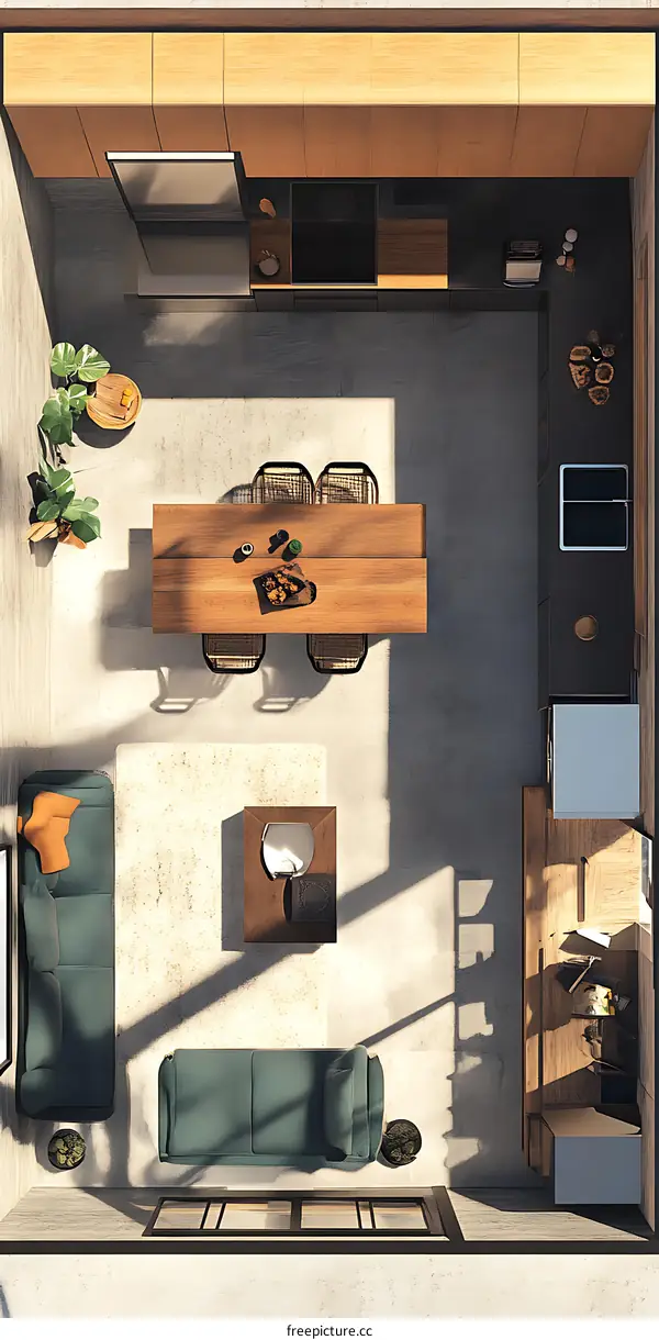 Top View Minimalist Kitchen and Living Room Interior Design