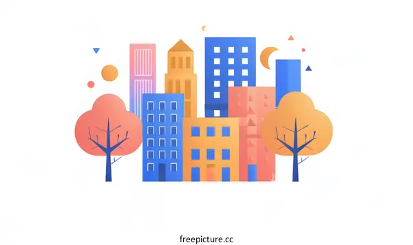 Abstract Cityscape Illustration with Minimalist Style Buildings and Trees