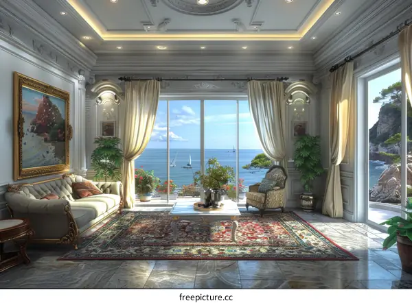 A luxurious living room with a view of the ocean
