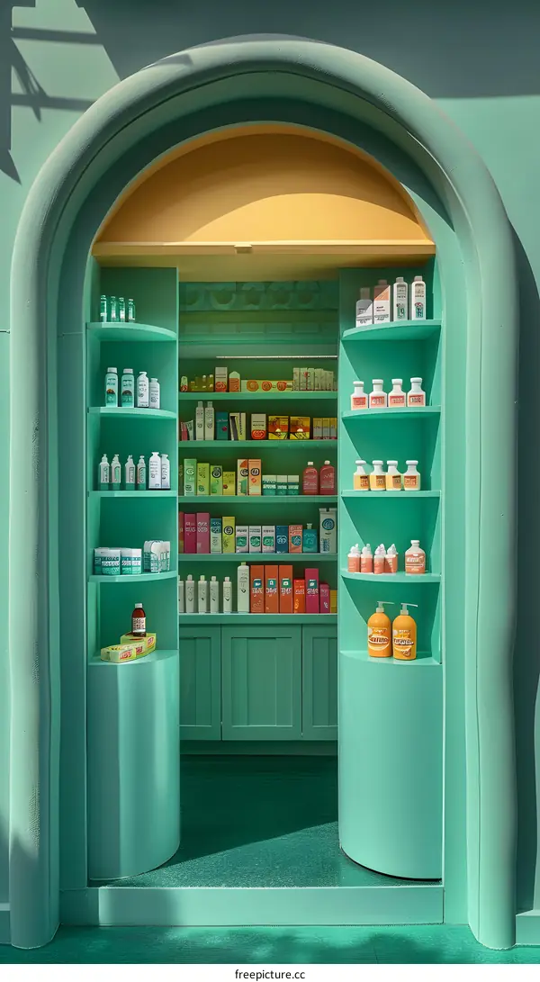 Green and Yellow Archway with Shelves of Products