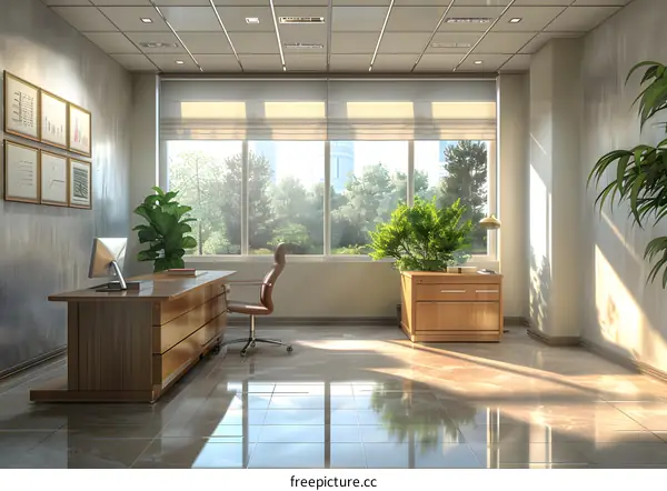 Modern office interior with large windows and a view of the city