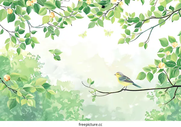 Green Watercolor Leaves With Small Bird