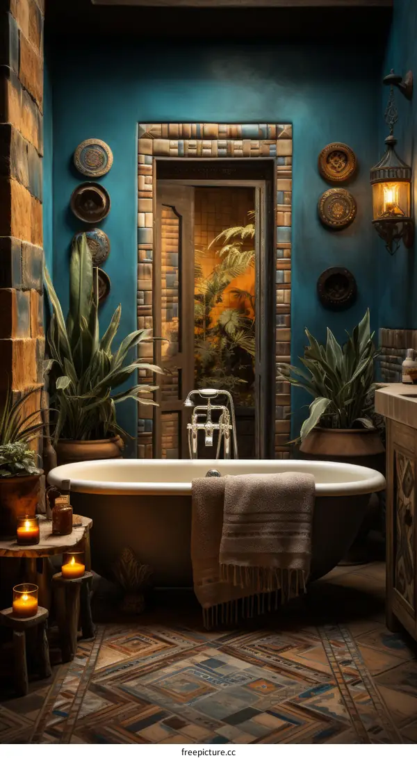 Bathroom With Blue Walls and Plants