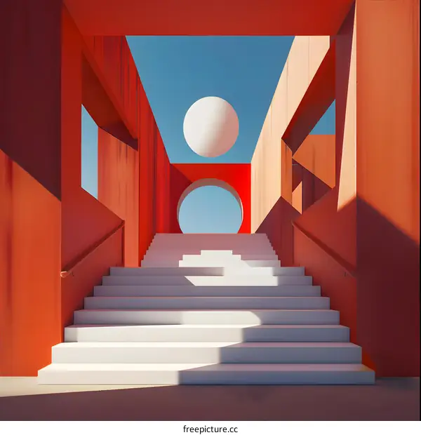 Minimalist Architecture with Red Walls and White Stairs Leading to a Blue Sky