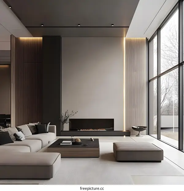 Modern Living Room Interior Design With Fireplace and Large Windows