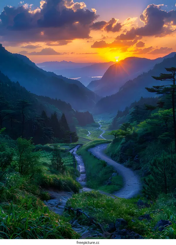 The sun sets over the mountains