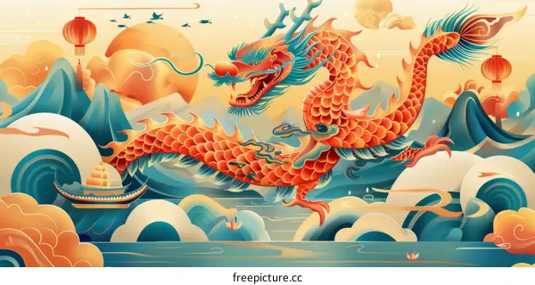 Red and Orange Dragon Flying Over Blue Sea with Mountain and Cloud Background