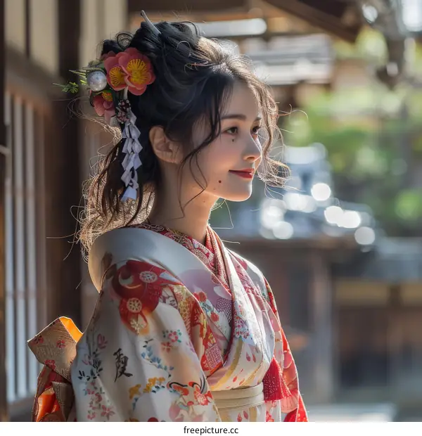 Portrait of a beautiful Japanese woman in traditional kimono