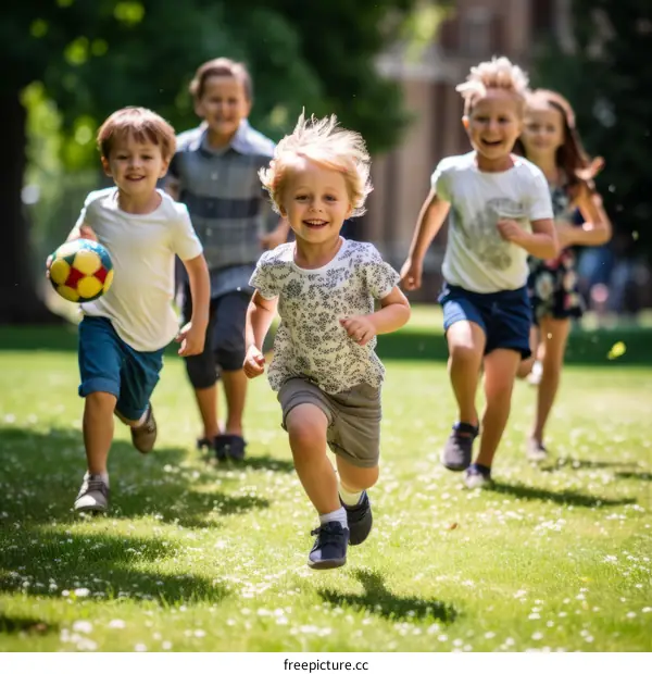 Five happy children are running on the grass in the park