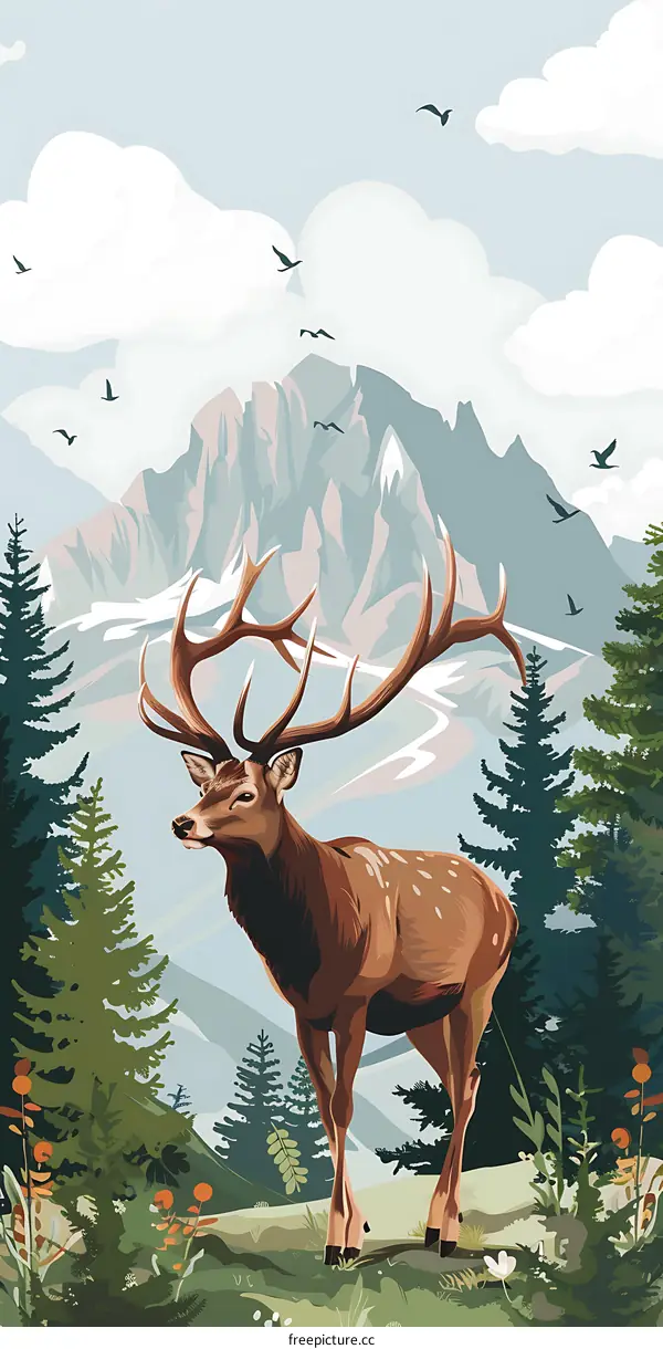 Majestic Deer in Mountain Landscape Illustration