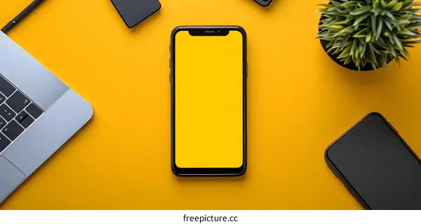 Flat Lay Yellow Background With Smartphone, Laptop, and Plant