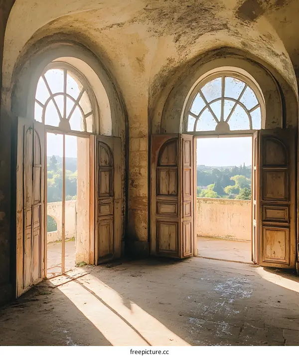 Open Doors to a Sunlit Balcony in an Old Mansion