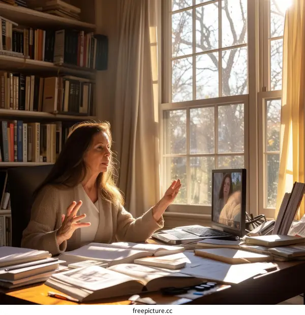A woman is having a video conference in her home office.