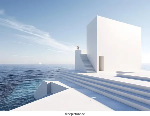 Minimalist White Architecture on the Ocean with a Person Standing on Top