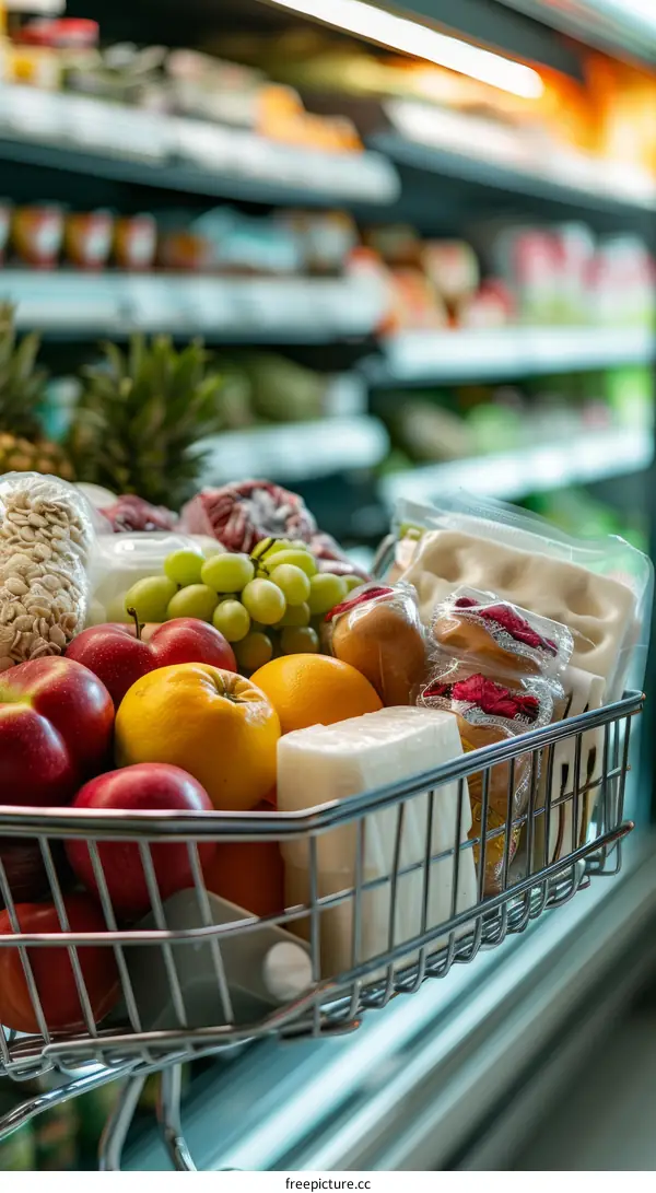 A variety of fruits and vegetables in a shopping cart