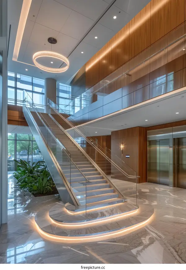 Staircase in a modern office building with wood and marble