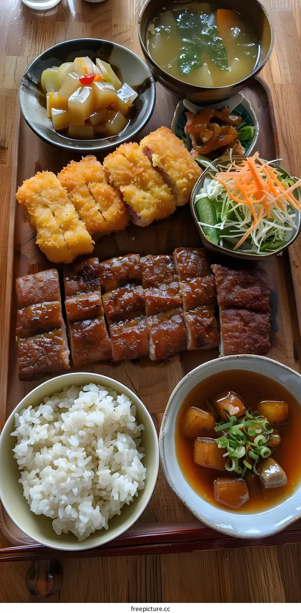 Japanese Cuisine Food Set With Fried Eel And Fried Pork Cutlets