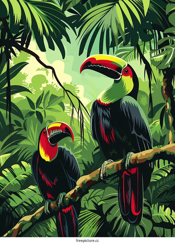 Two Toucans Sitting on a Branch in a Lush Tropical Rainforest