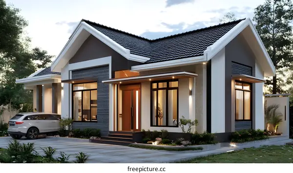 Modern House Design with Gabled Roof and Stone Facade