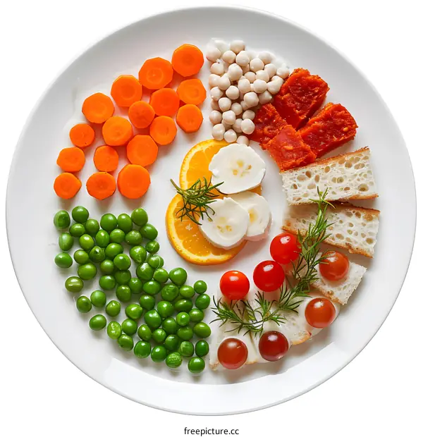 Colorful Plate of Food with Peas, Carrots, Orange Slices, Cheese, and Bread