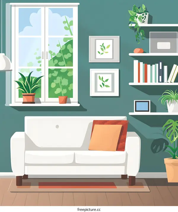 White Sofa in a Green Living Room Illustration