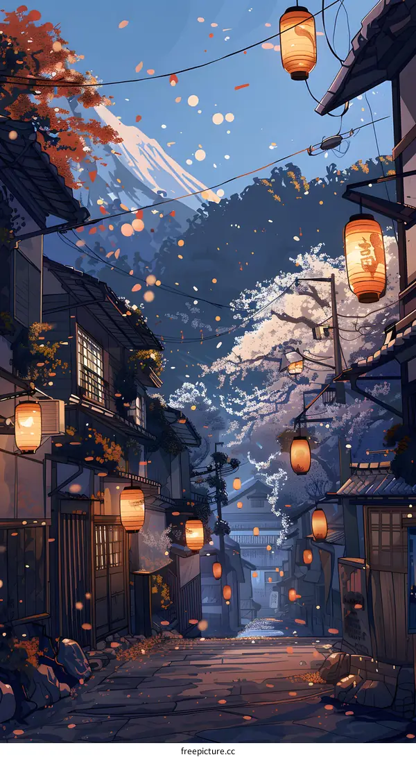 Japanese Street With Cherry Blossoms And Lanterns