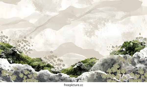 Abstract Watercolor Landscape With Green Moss and Flowers