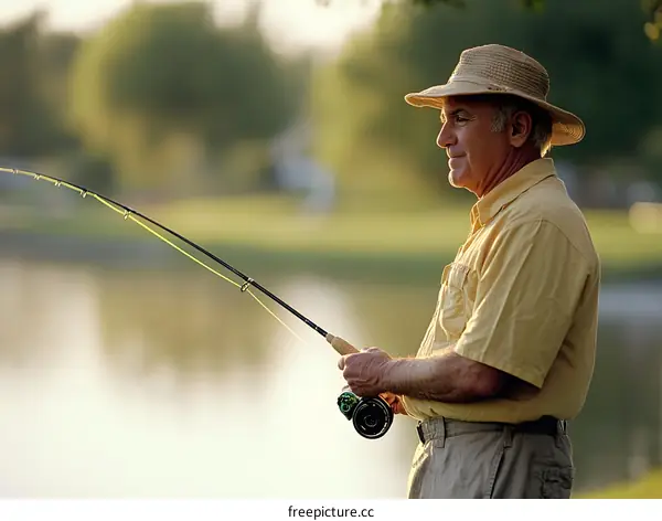Man Fishing by a Lake at Sunset