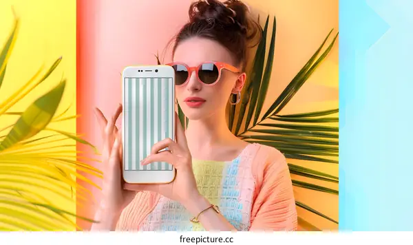 Woman Holding Phone In Front of Yellow And Orange Background