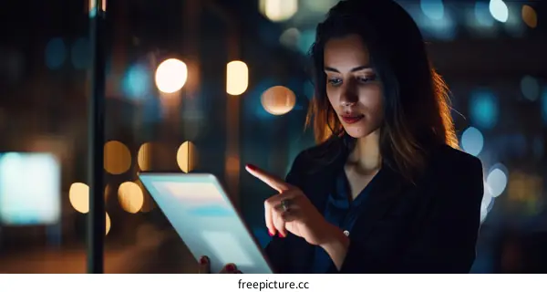 Businesswoman using a tablet at night in the city