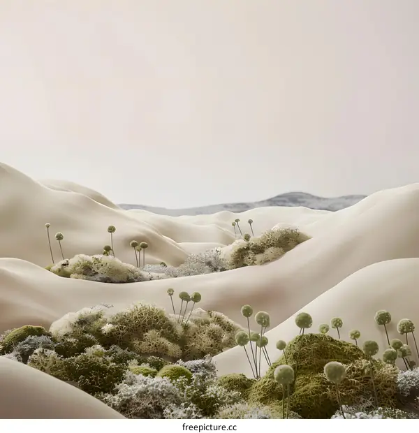 Minimalist Desert Landscape with Lush Green Moss
