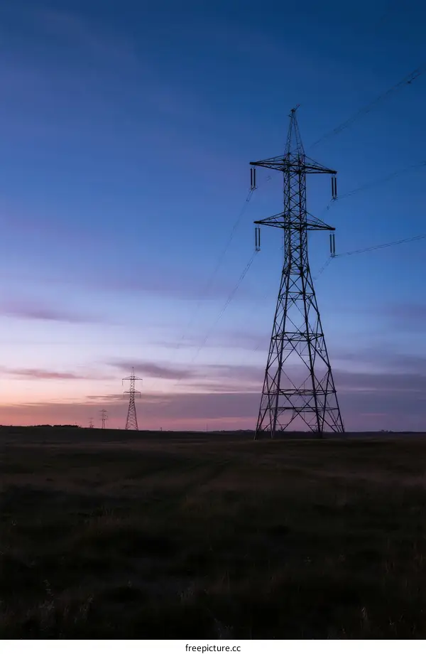 Tall electricity pylons standing in an open field at twilight