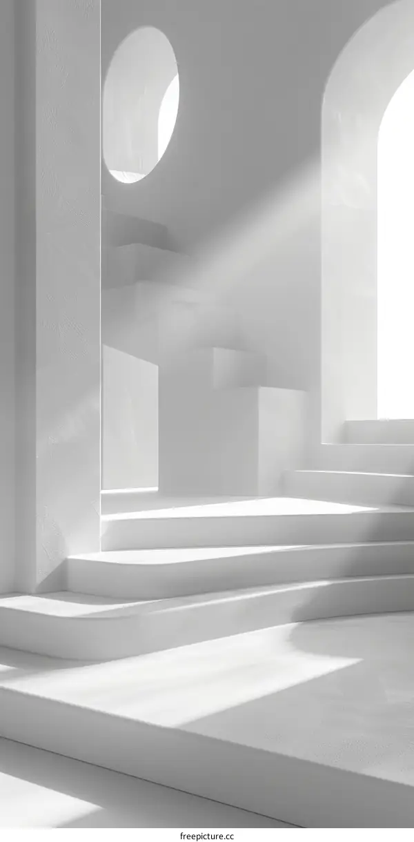 White minimalist architectural space with stairs and arched openings