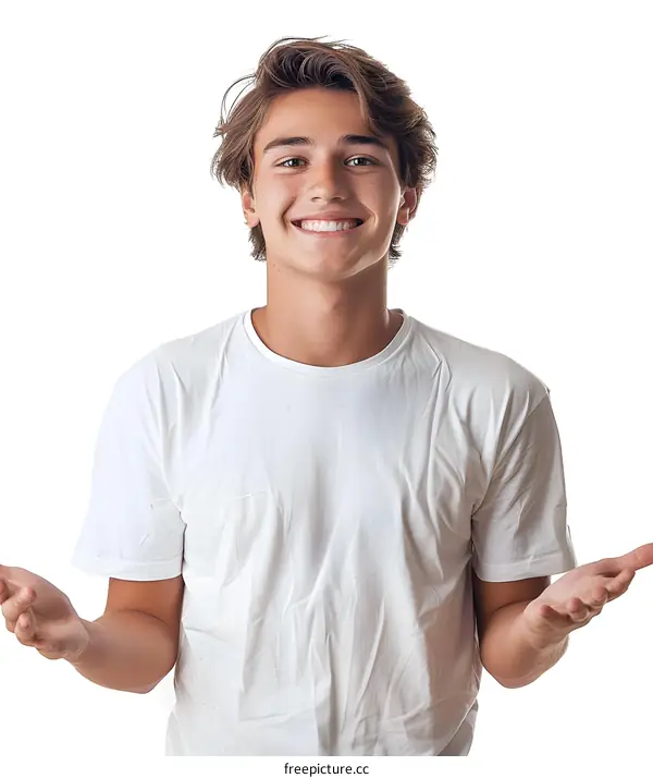 Smiling Young Man in White T Shirt with Open Palms