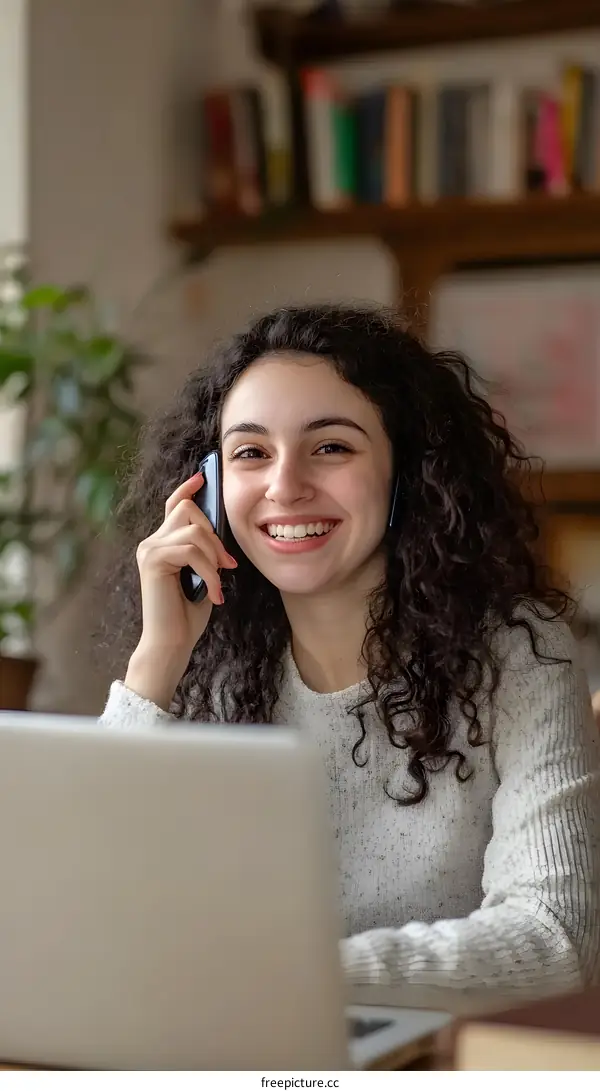Smiling Woman Talking On Phone While Working on Laptop
