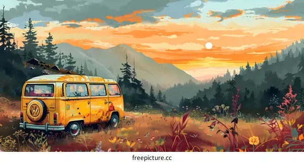 yellow vintage van in the mountains