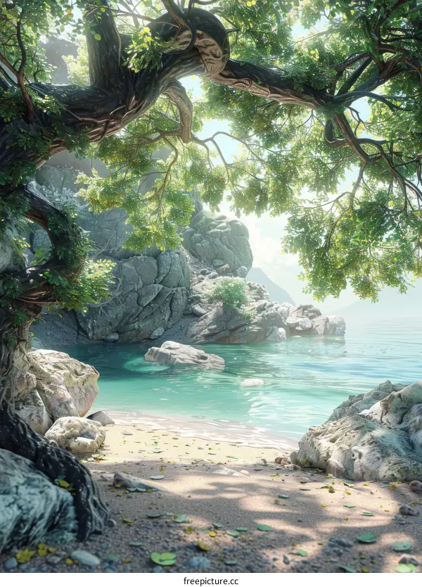 Fantasy Landscape with Rocks, Trees and Sunlight