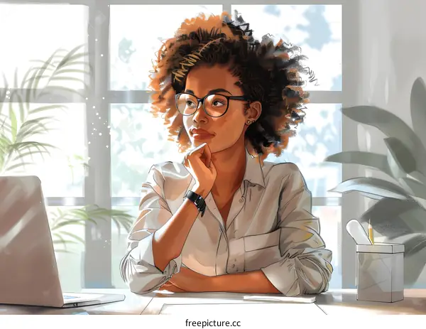 A young woman of African descent is sitting at her desk looking out the window thoughtfully.