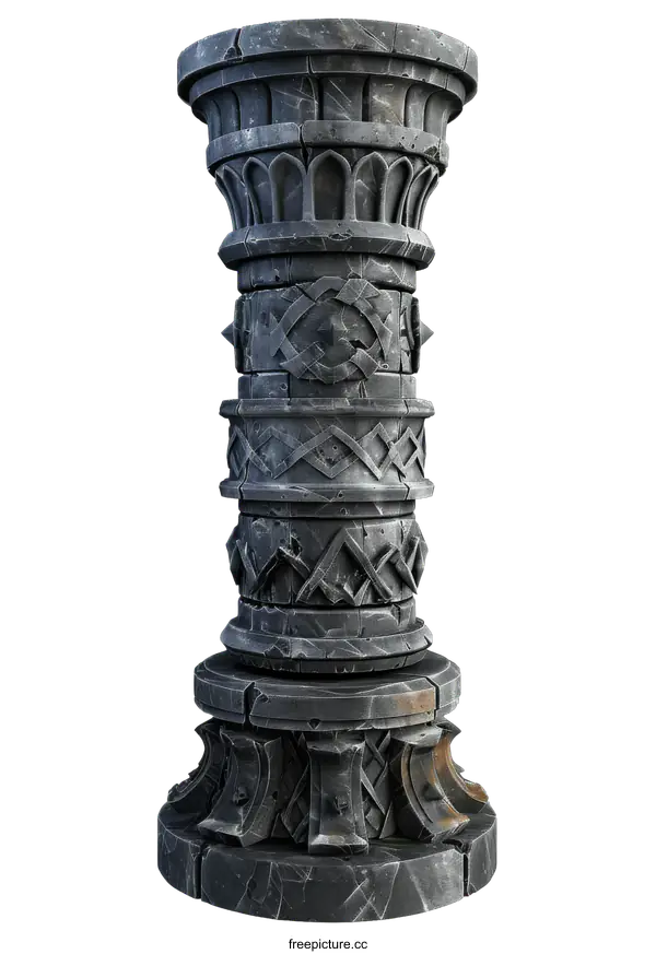 [Transparent Background PNG]gray stone pillar with Celtic carvings on a black background