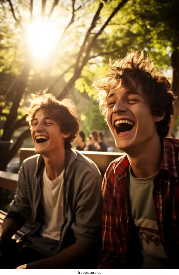 Two friends laughing in the park