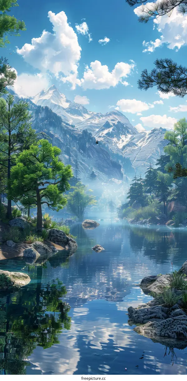 Landscape of Mountains, Trees, and a River in the Wilderness